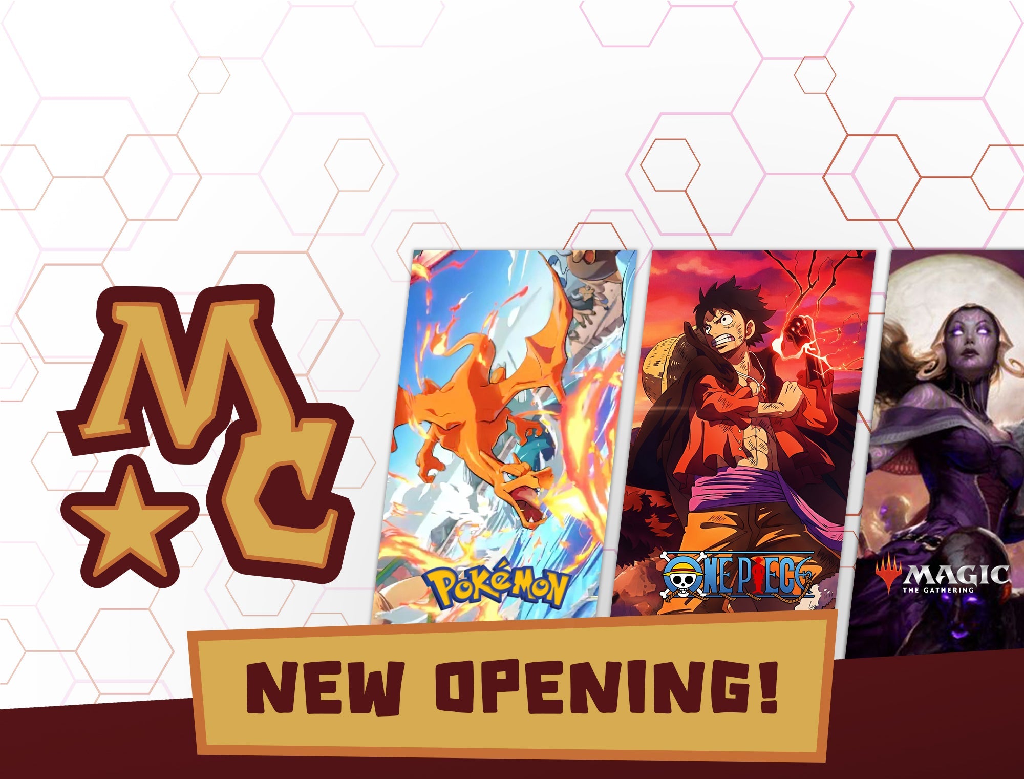 Promotional graphic for a new opening with character cards from various franchises on a geometric patterned background.